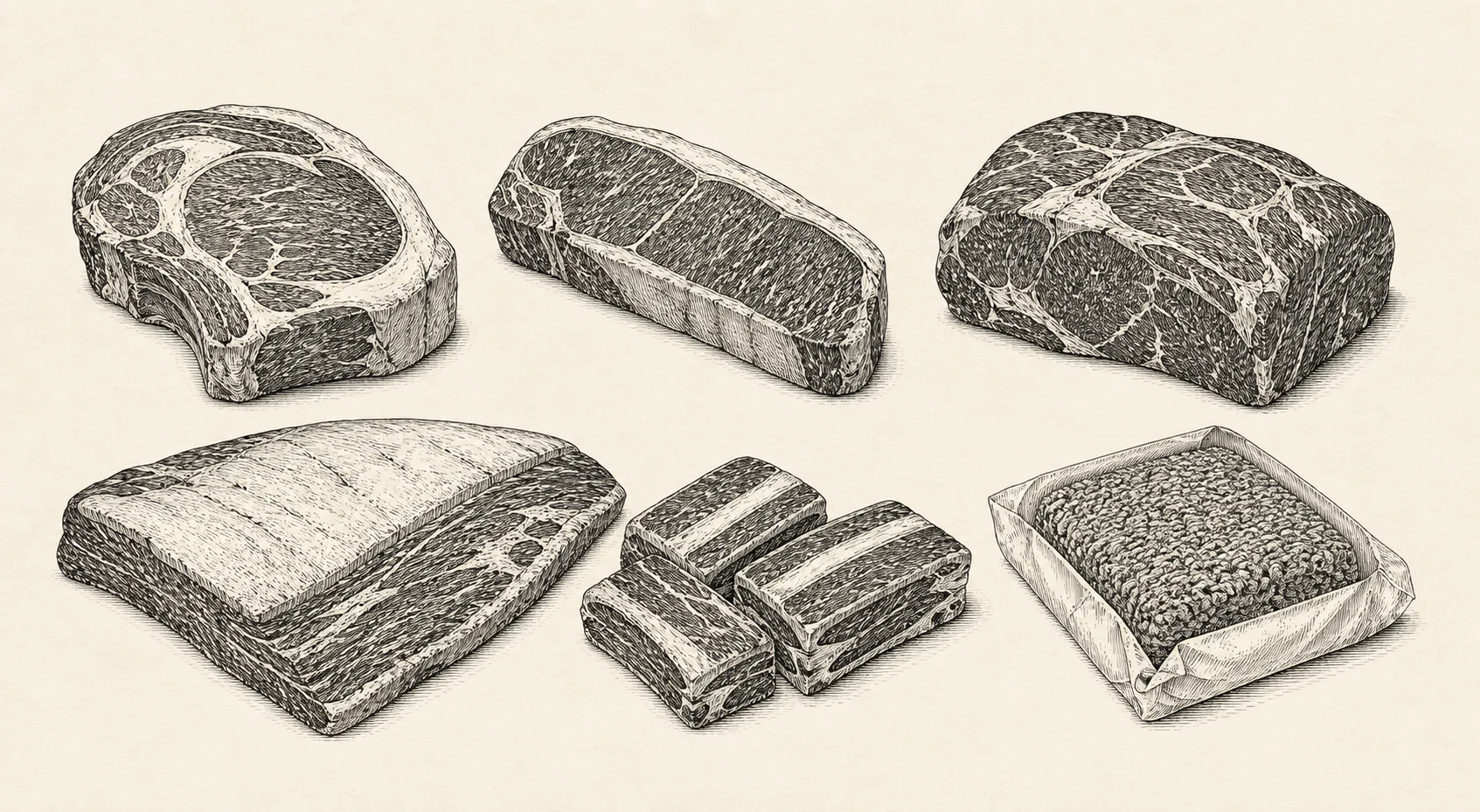 Engraved illustration of several common beef cuts arranged on butcher paper