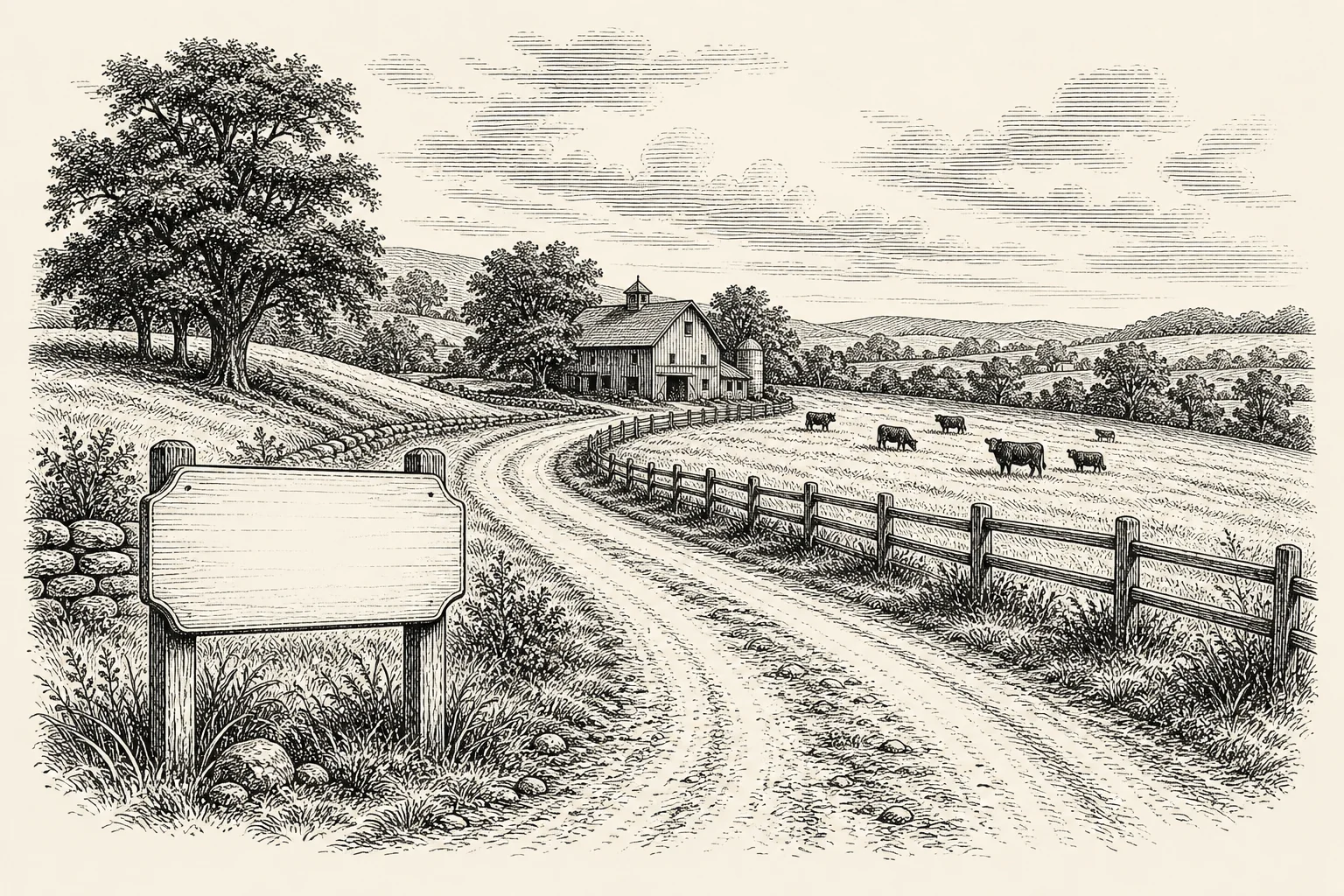 Country road leading to a Northeast cattle farm with a blank roadside sign