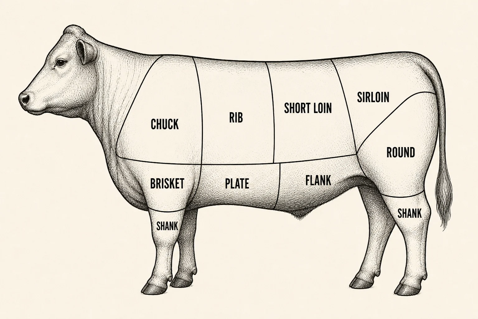 Diagram showing the major primal beef cuts on a cow