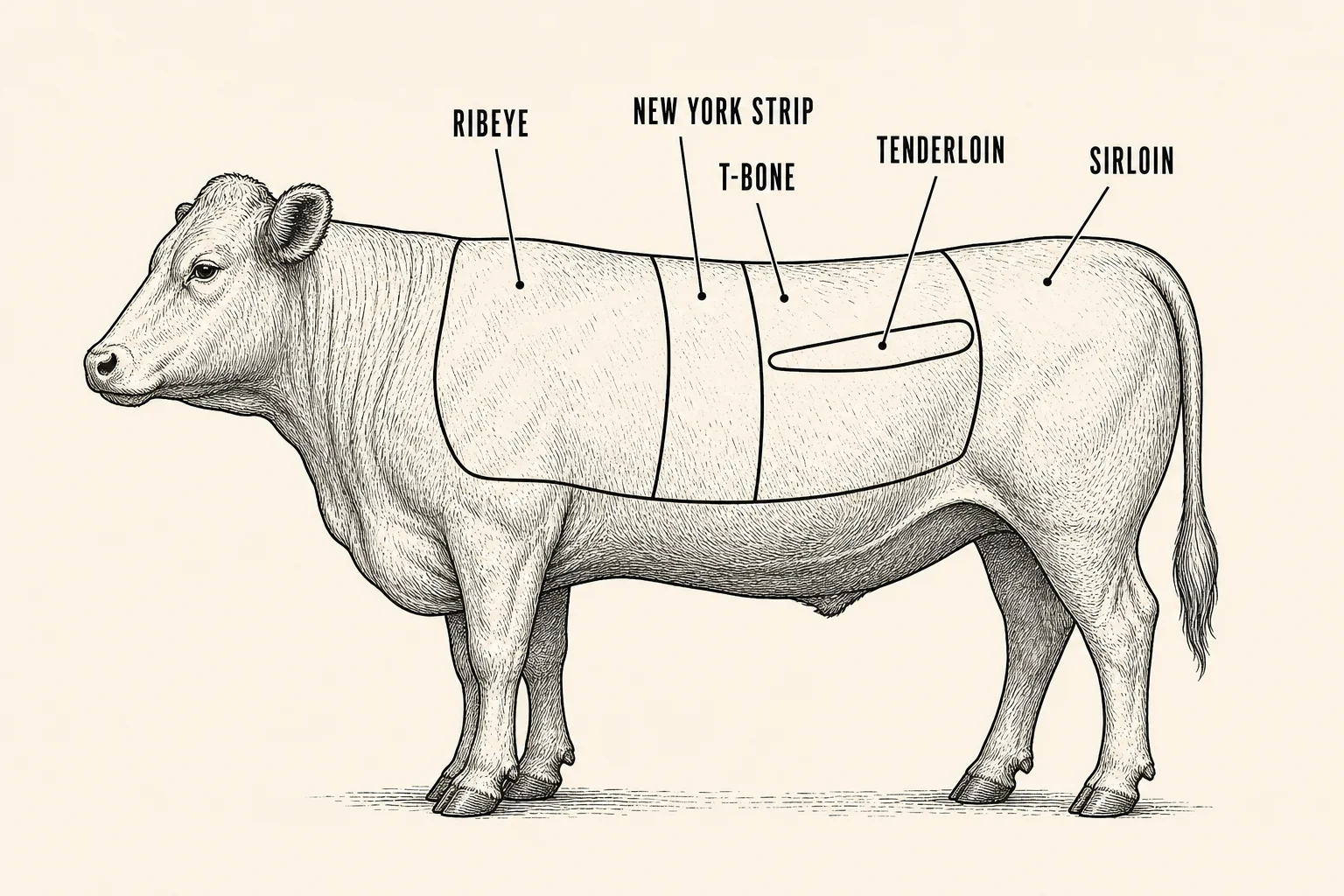 Cow diagram showing where ribeye, New York strip, T-bone, tenderloin, and sirloin come from