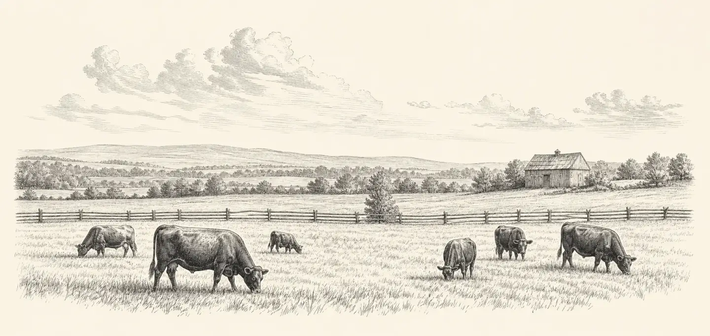 Beef cattle grazing in a Northeast pasture near a small barn